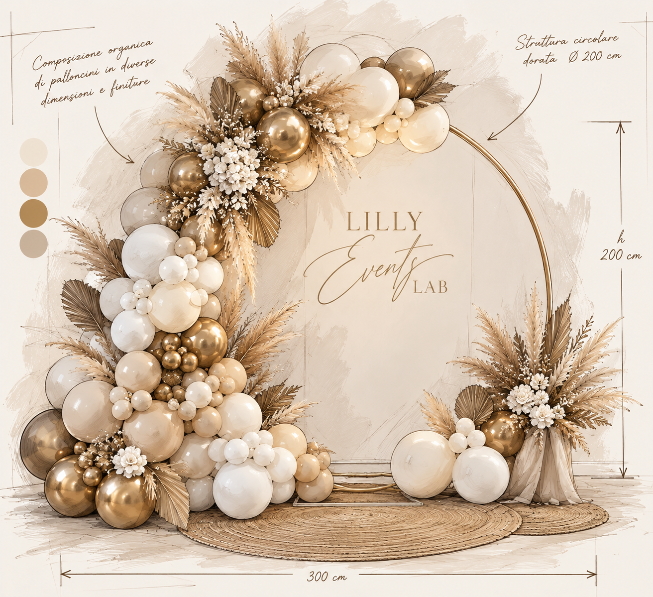 Bozzetto di allestimento: struttura circolare dorata con ghirlanda organica di palloncini, pampa e fiori bianchi